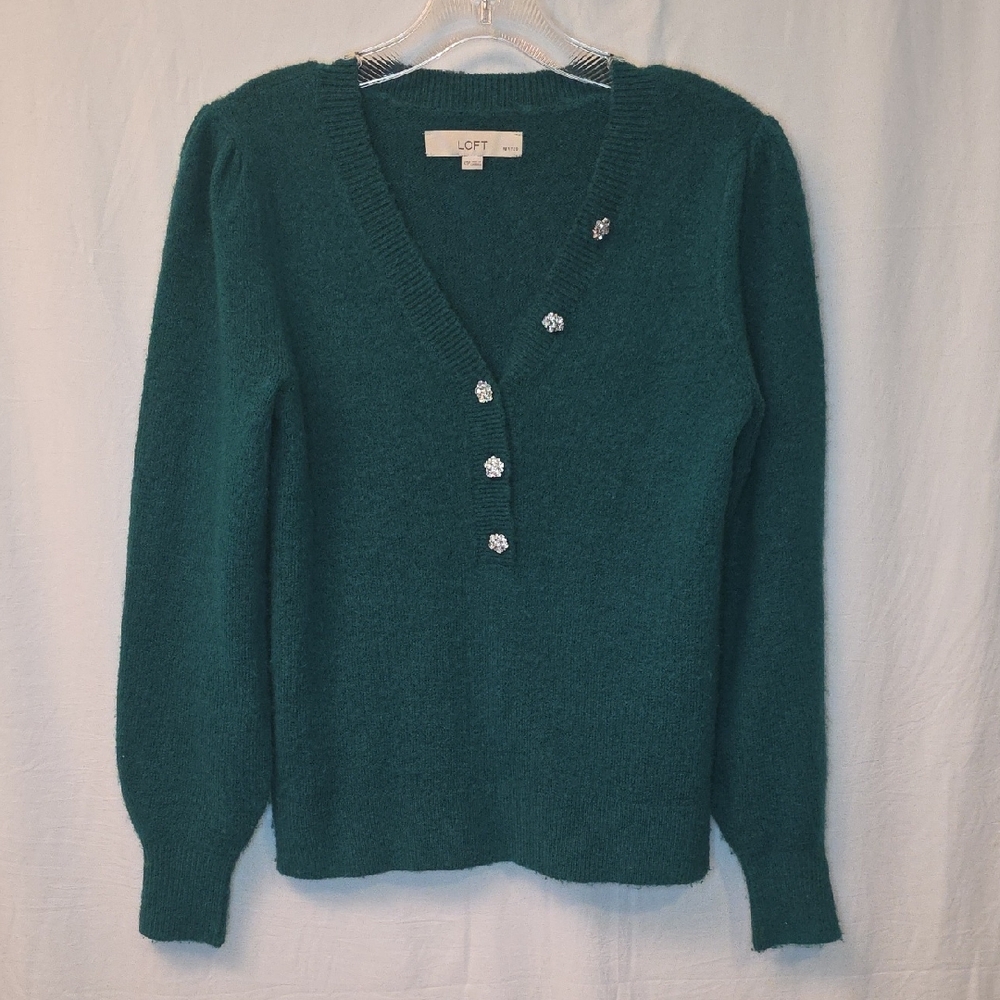 LOFT Deep Teal V-Neck Sweater with Floral Buttons